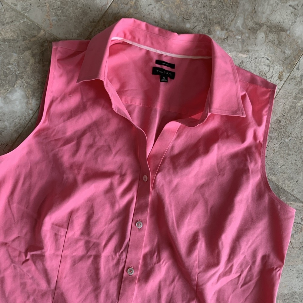 Talbots Shirt Womens 10 Pink Sleeveless Button Up Non Iron Logo Summer